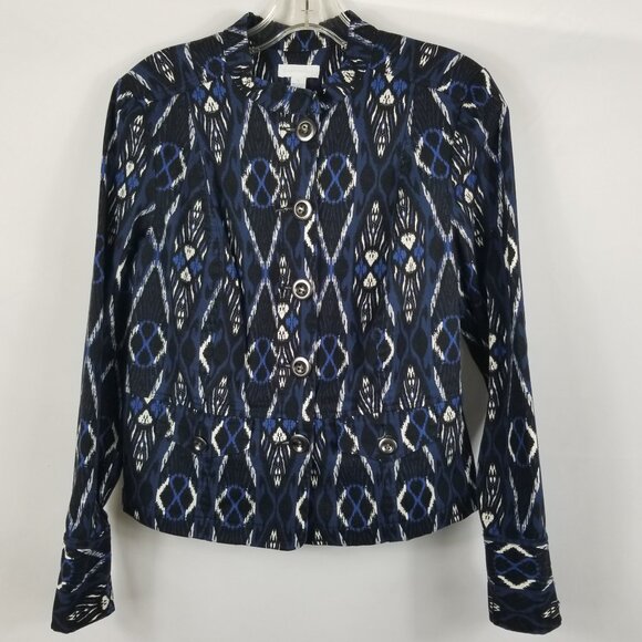 Charter Club Blue Denim Jacket Women's Size Small Black White Geo Tribal Design - Picture 1 of 13
